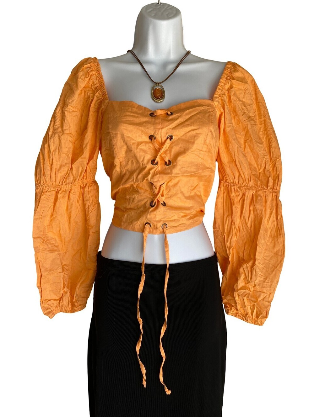 VTG Love by Chelsea L Orange Lace Up Crop Blouse Artsy Festival Boho Crop Top